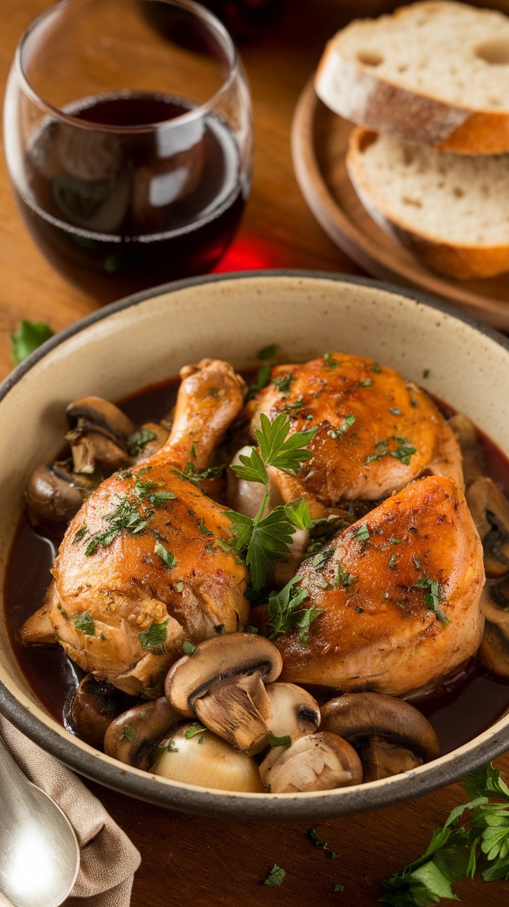 A bowl of Slow Cooker Coq au Vin with chicken, mushrooms, and red wine sauce, garnished with parsley, paired with bread and wine.